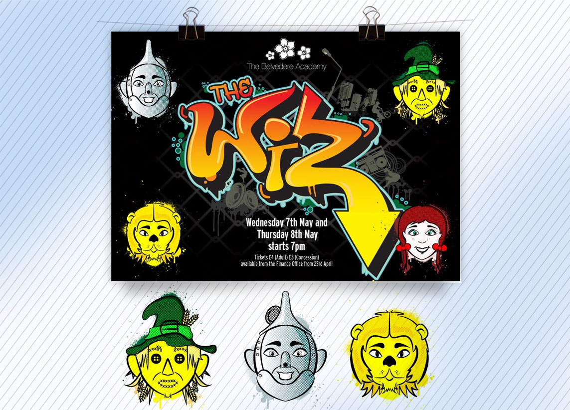Poster design and character design and illustration for The Wiz for the Belvedere Academy